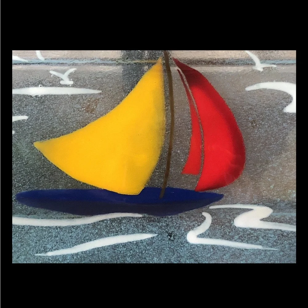 Fused Glass Sailboat Serving‎ Tray Bright Multicolor Rectangle Platter 16.5x9.25